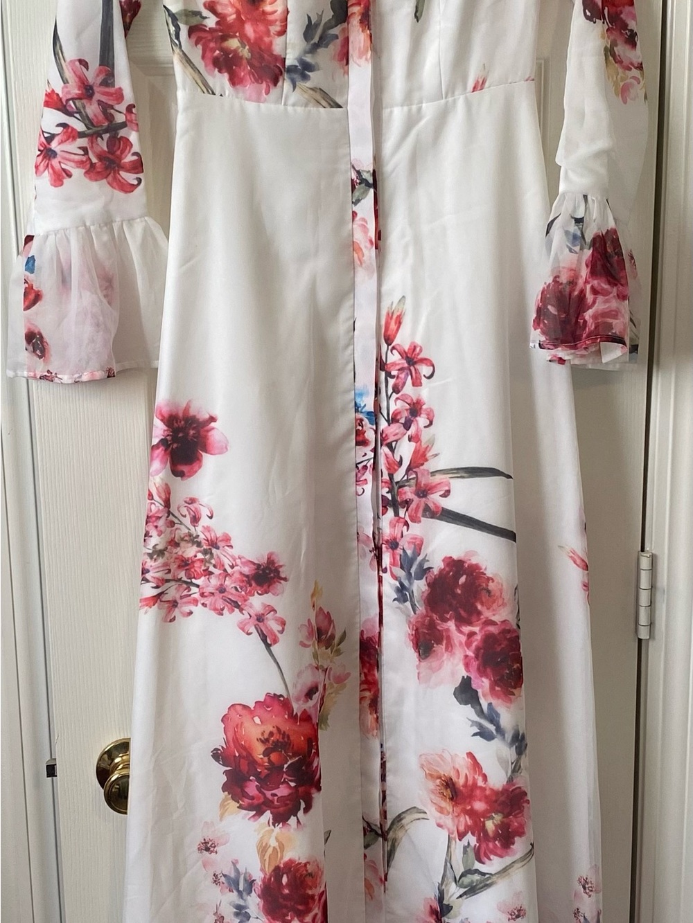 White Floral Long Sleeve Maxi Dress with Pink and Red Blooms